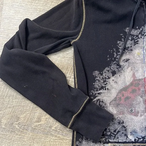 Lucky Brand Hoodie Full Zip Koi Fish Graphic Embroidery Floral Y2K Black Size S